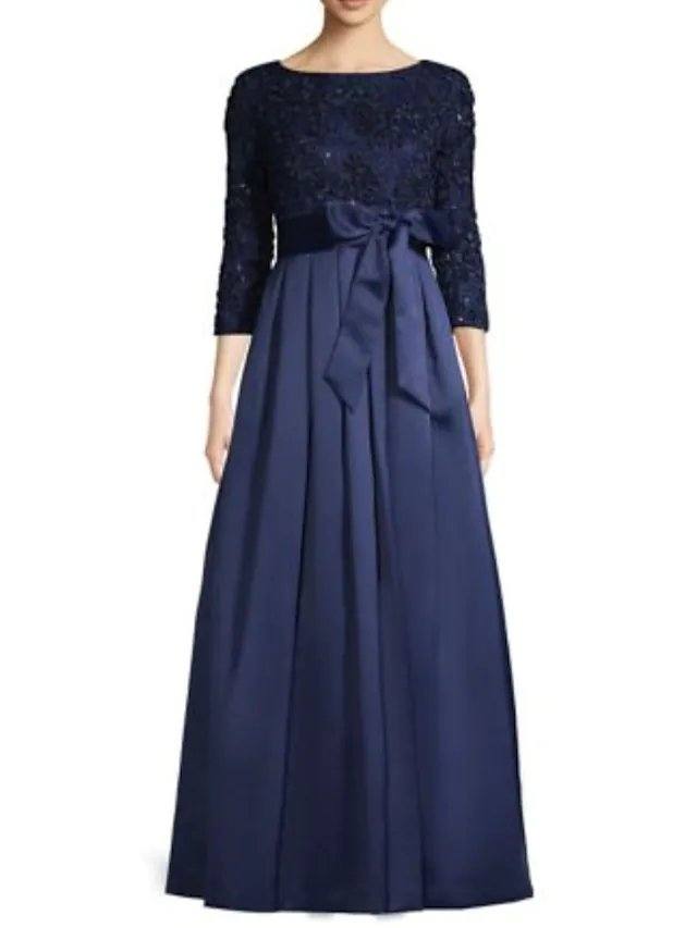 A-Line Mother of the Bride Dress Elegant Jewel Neck Floor Length Polyester 3/4 Length Sleeve with Ruching - RongMoon