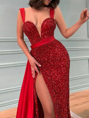 Mermaid / Trumpet Sparkle Sexy Engagement Formal Evening Dress V Neck Sleeveless Sweep / Brush Train Sequined with Split - RongMoon