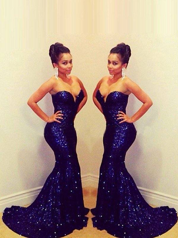 Trumpet/Mermaid Sweetheart Sleeveless Sequins Sweep/Brush Train Dresses - RongMoon