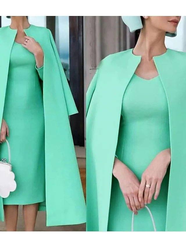 Two Piece Sheath / Column Mother of the Bride Dress Elegant Jewel Neck Knee Length Stretch Fabric Half Sleeve with Solid Color - RongMoon