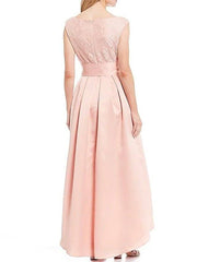 A-Line Mother of the Bride Dress Elegant V Neck Asymmetrical Lace Satin Sleeveless with Sash / Ribbon - RongMoon