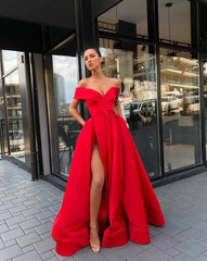 Red Muslim Evening Dresses A-line Off The Shoulder Slit Elegant Islamic Dubai Saudi Arabic Long Formal Evening Gown - RongMoon