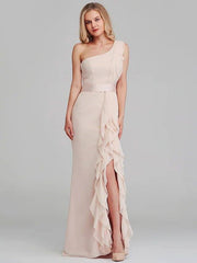 Sheath / Column One Shoulder Long Length Chiffon Bridesmaid Dress with Cascading Ruffles - RongMoon