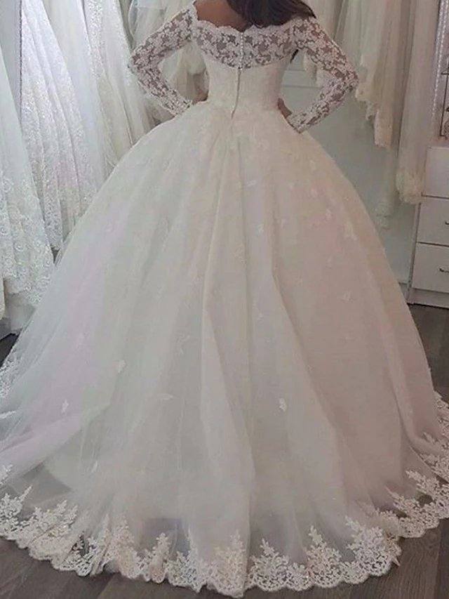 Princess A-Line Wedding Dresses Off Shoulder Sweep / Brush Train Lace Tulle Long Sleeve Romantic Luxurious with Appliques - RongMoon