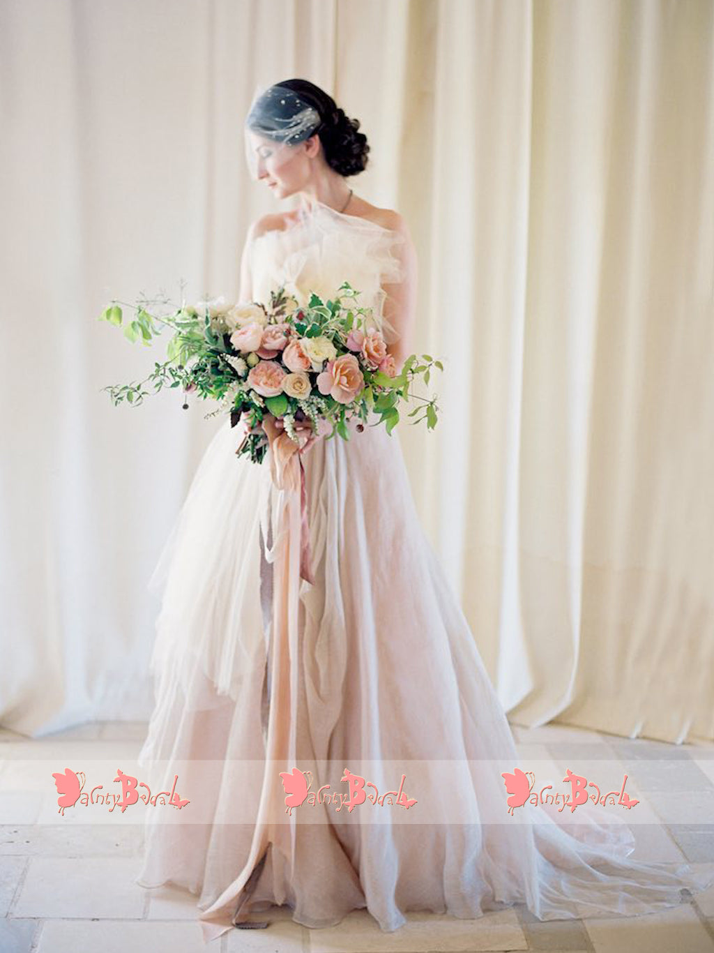 Unique Design Strapless A-line Blush Pink Chiffon Beach Wedding Dresses,DB0144