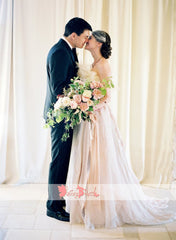 Unique Design Strapless A-line Blush Pink Chiffon Beach Wedding Dresses,DB0144