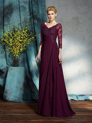 A-Line/Princess V-neck Beading 3/4 Sleeves Long Chiffon Mother of the Bride Dresses - RongMoon