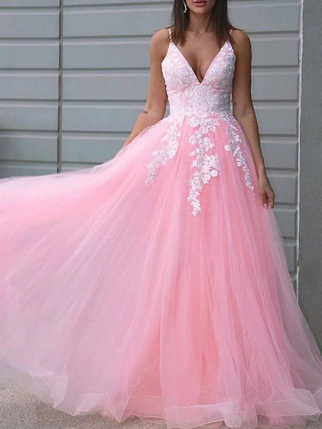 A-Line Empire Sexy Engagement Prom Dress V Neck Sleeveless Floor Length Lace Tulle with Appliques - RongMoon