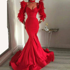 Red Muslim Evening Dresses Mermaid Long Sleeves Slit Feather Islamic Dubai Saudi Arabic Long Formal Evening Gown - RongMoon