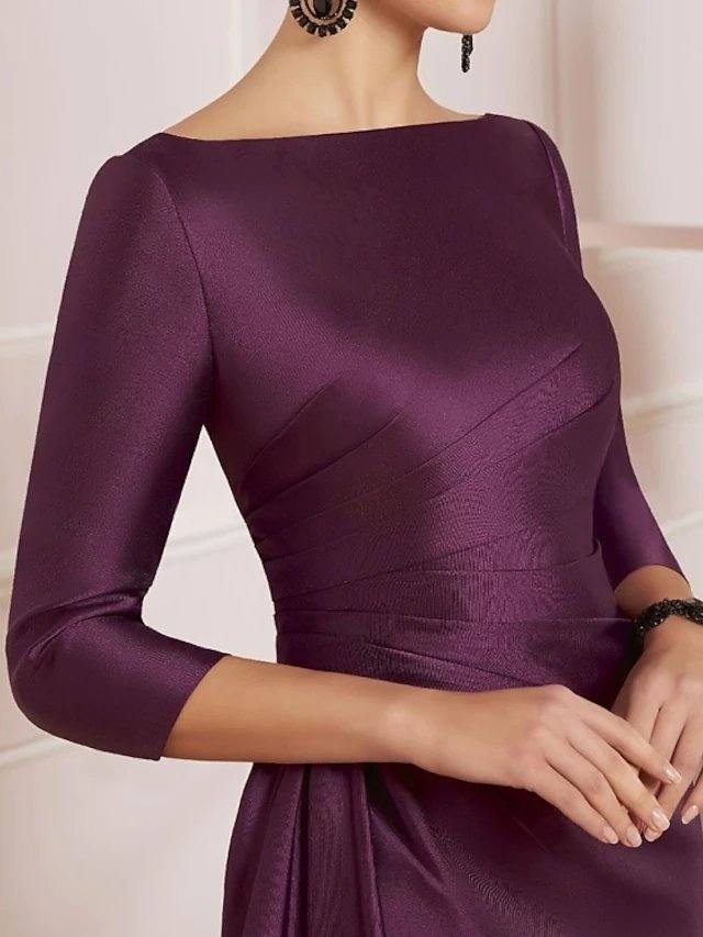 Sheath / Column Mother of the Bride Dress Elegant Off Shoulder Knee Length Satin 3/4 Length Sleeve with Ruching - RongMoon