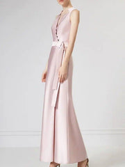 Sheath / Column Mother of the Bride Dress Elegant V Neck Floor Length Satin Sleeveless with Pleats - RongMoon