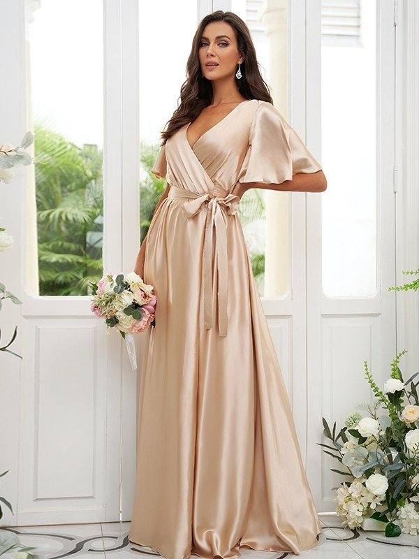 A-Line/Princess Silk like Satin Sash/Ribbon/Belt V-neck Short Sleeves Floor-Length Bridesmaid Dresses - RongMoon