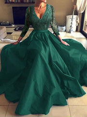 A-Line Luxurious Elegant Party Wear Formal Evening Dress V Neck Long Sleeve Floor Length Tulle with Pleats Appliques - RongMoon