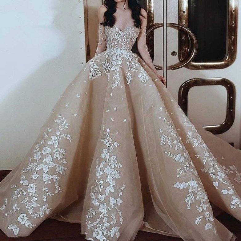 Champagne Muslim Evening Dresses Ball Gown Sweetheart Tulle Lace Islamic Dubai Saudi Arabic Long Formal Evening Gown - RongMoon