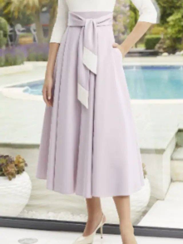 A-Line Mother of the Bride Dress Sweet High Neck Ankle Length Polyester 3/4 Length Sleeve with Sash / Ribbon Pleats - RongMoon