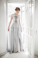 A-Line/Princess Scoop Neck Chiffon Prom Dress with Appliques Lace