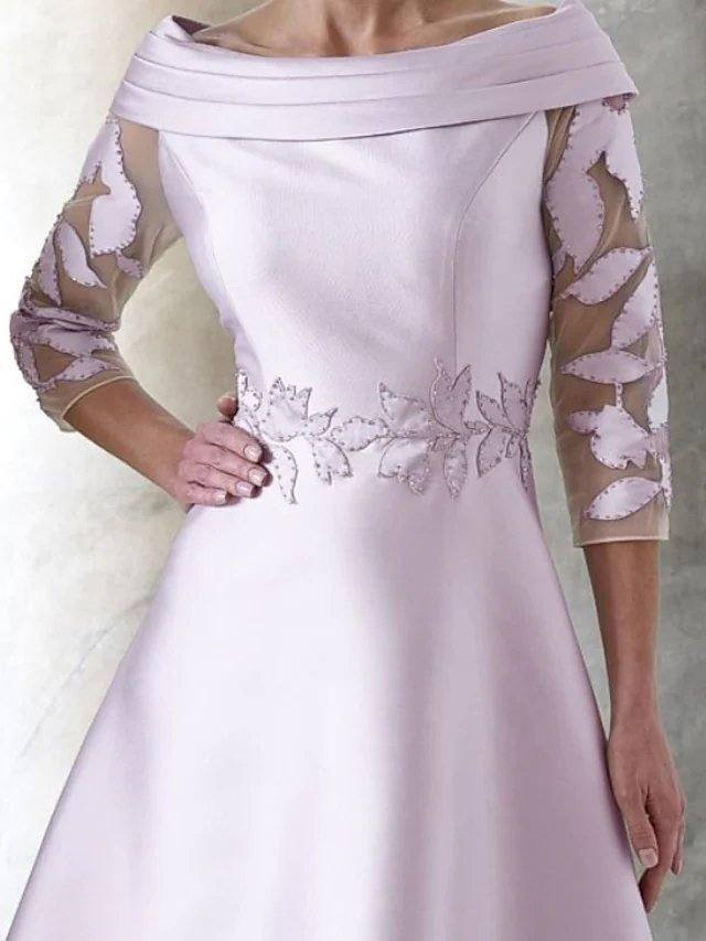 A-Line Mother of the Bride Dress Elegant Off Shoulder Knee Length Satin Half Sleeve with Appliques - RongMoon