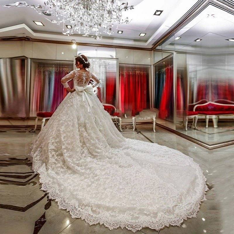 Modest 3/4 Sleeves Ball Gowns Lace Wedding Dresses - RongMoon