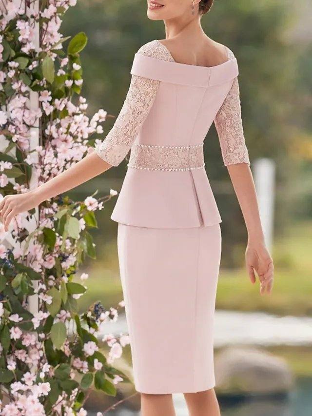 Sheath / Column Mother of the Bride Dress Elegant Jewel Neck Knee Length Stretch Fabric Half Sleeve with Appliques - RongMoon