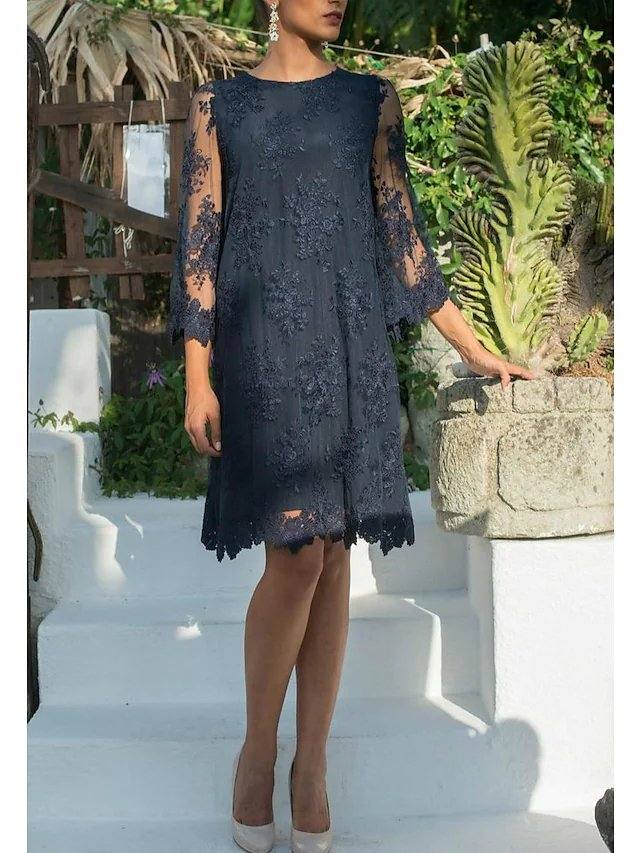 Sheath / Column Mother of the Bride Dress Elegant Jewel Neck Short / Mini Lace Tulle 3/4 Length Sleeve with Appliques - RongMoon