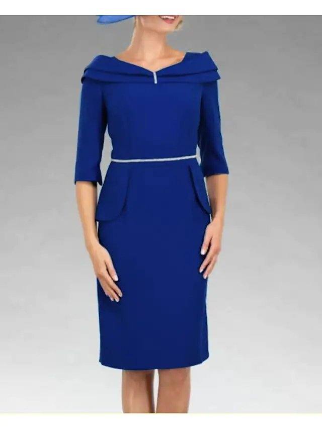 Sheath / Column Mother of the Bride Dress Elegant V Neck Knee Length Stretch Fabric Half Sleeve with Sash / Ribbon - RongMoon