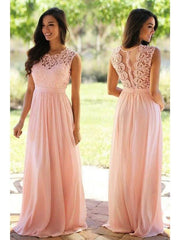 A-Line Jewel Neck Floor Length Chiffon / Lace Bridesmaid Dress with Sash / Ribbon / Pleats - RongMoon
