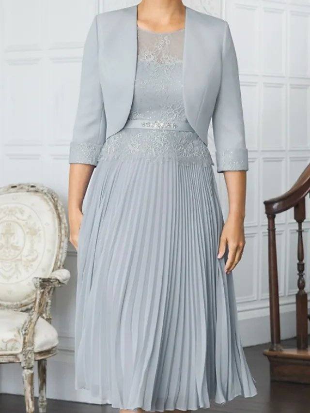 A-Line Mother of the Bride Dress Plus Size Elegant Illusion Neck Jewel Neck Tea Length Chiffon 3/4 Length Sleeve with Pleats Sequin Embroidery - RongMoon