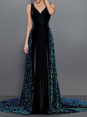 A-Line Sparkle Sexy Engagement Formal Evening Dress V Neck Sleeveless Chapel Train Sequined Velvet with Pleats Sequin - RongMoon