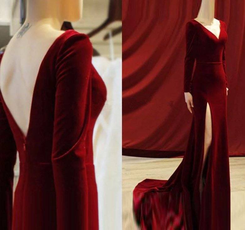 Burgundy Muslim Evening Dresses Mermaid V-neck Long Sleeves Velvet Slit Islamic Dubai Saudi Arabic Long Formal Evening Gown - RongMoon