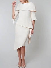 Sheath / Column Mother of the Bride Dress Elegant Jewel Neck Asymmetrical Satin 3/4 Length Sleeve with Cascading Ruffles - RongMoon