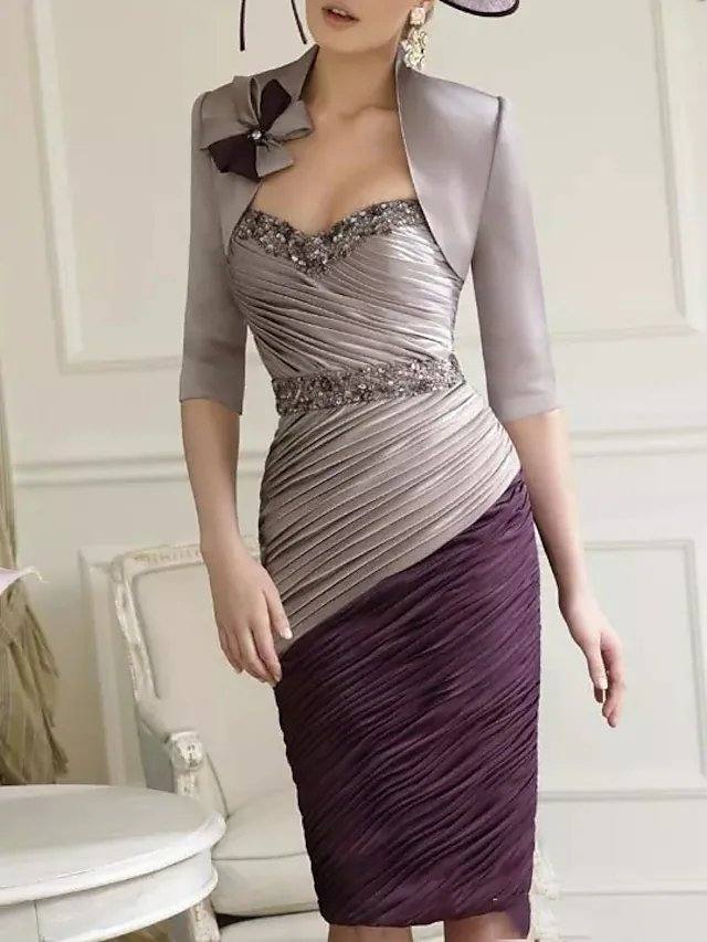 Sheath / Column Mother of the Bride Dress Sexy Sweetheart Neckline Knee Length Polyester Half Sleeve with Bow(s) Sequin Ruching - RongMoon