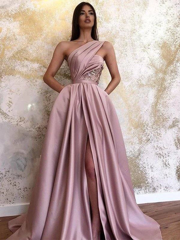 A-Line/Princess Satin Sleeveless Ruched One-Shoulder Sweep/Brush Train Dresses - RongMoon