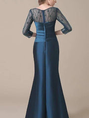 Mermaid / Trumpet Mother of the Bride Dress Elegant Jewel Neck Floor Length Satin 3/4 Length Sleeve with Ruching - RongMoon