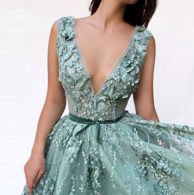 Mint Muslim Evening Dresses A-line V-neck Tulle Lace Flowers Pearl Long Islamic Dubai Saudi Arabic Long Formal Evening Gown - RongMoon
