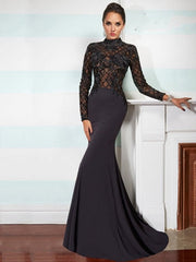 High-neck Full/Long Sleeves Lace Appliqued with Beading Long Jersey Evening Dresses