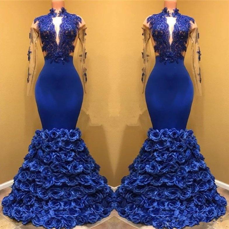 Royal Blue Robe De Soiree Mermaid Long Sleeves Flowers Lace Beaded Sexy Long Party Prom Dresses Prom Gown Evening Dresses - RongMoon