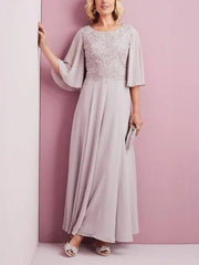 A-Line Mother of the Bride Dress Elegant Jewel Neck Ankle Length Chiffon Lace Half Sleeve with Pleats Embroidery - RongMoon