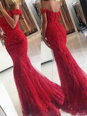 Trumpet/Mermaid Sleeveless Off-the-Shoulder Sweep/Brush Train Tulle Applique Dresses - RongMoon