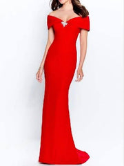 Mermaid / Trumpet Mother of the Bride Dress Elegant Off Shoulder Sweep / Brush Train Stretch Fabric Short Sleeve with Ruching - RongMoon