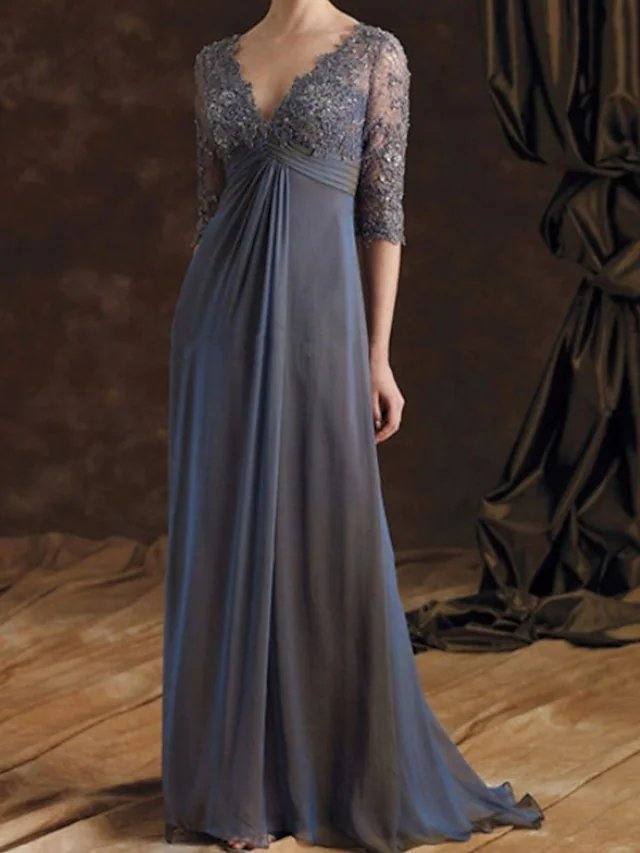A-Line Mother of the Bride Dress Elegant V Neck Floor Length Chiffon Lace 3/4 Length Sleeve with Embroidery Ruching - RongMoon
