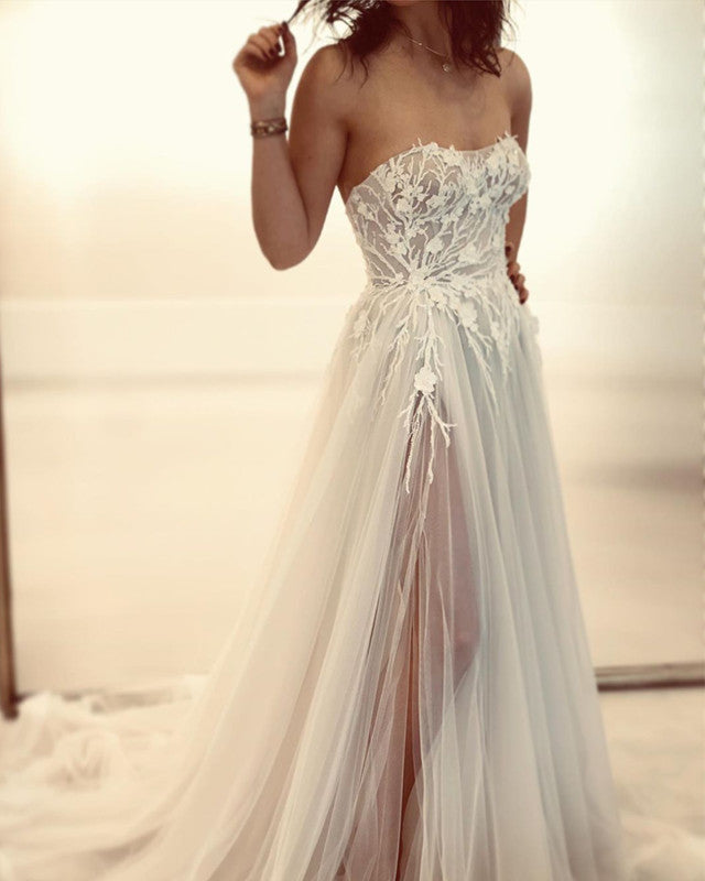 Sexy Boho Wedding Dress Lace Embroidery Tulle Split