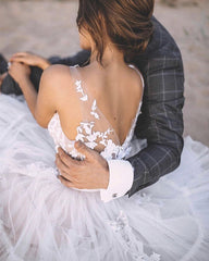 Elegant Lace V Neck Tulle Dresses For Weddings