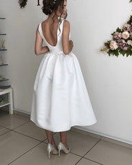 Tea Length Wedding Dress Satin Plunge Neck