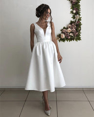 Tea Length Wedding Dress Satin Plunge Neck