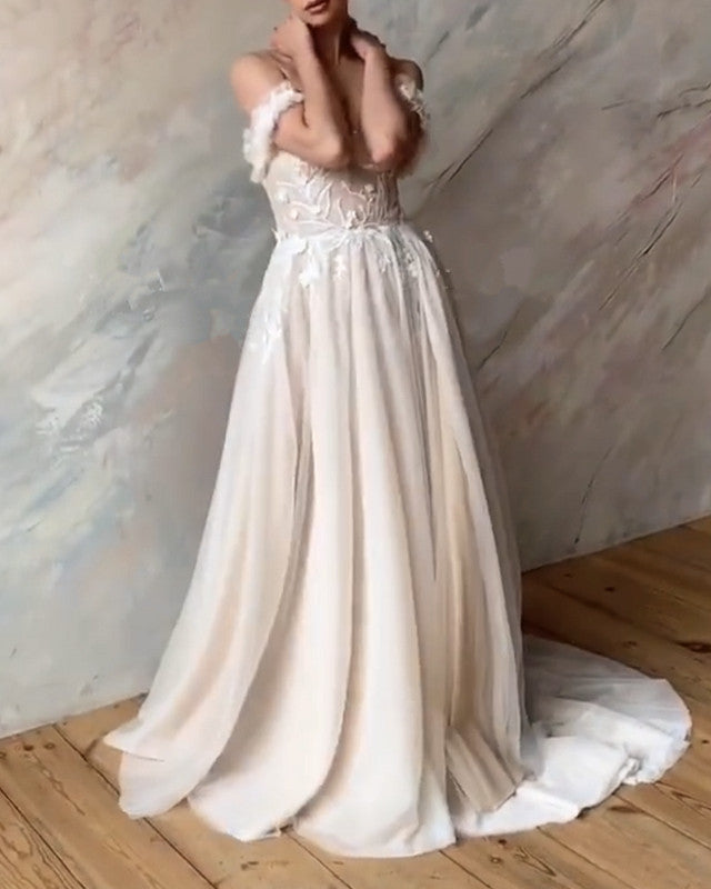 Boho Chic Wedding Dress Tulle Off The Shoulder Embroidery