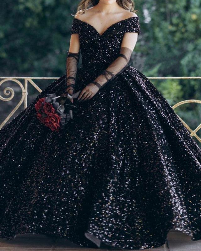 Black Sequin Ball Gown Wedding Dress - RongMoon