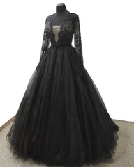 Black Lace Long Sleeve Tulle Wedding Dress