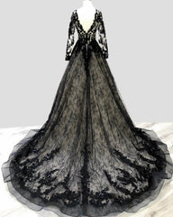 Black Lace V Neck Wedding Dress Long Sleeve