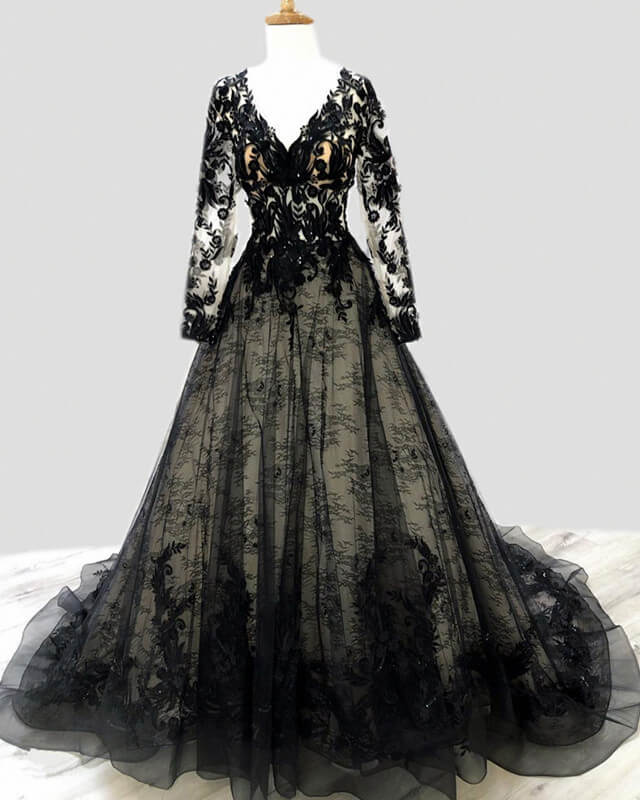 Black Lace V Neck Wedding Dress Long Sleeve