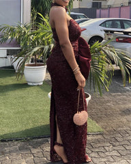 Wine Red Mermaid Sequin Prom Dresses High Neck